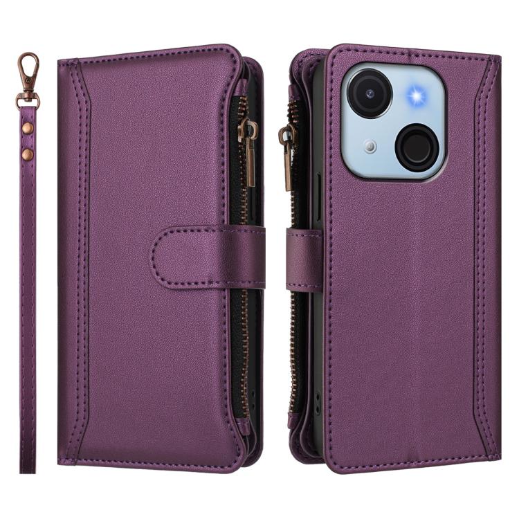For itel A50C Magnetic Closure 9 Card Slots Zipper Leather Case with Hand Strap