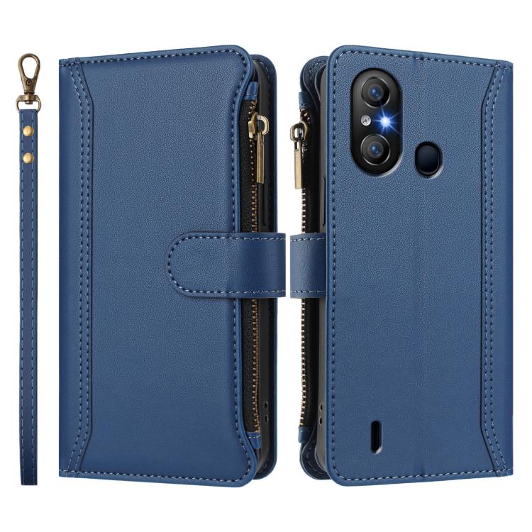 For itel A58 Lite / A49 Play Magnetic Closure 9 Card Slots Zipper Leather Case with Hand Strap