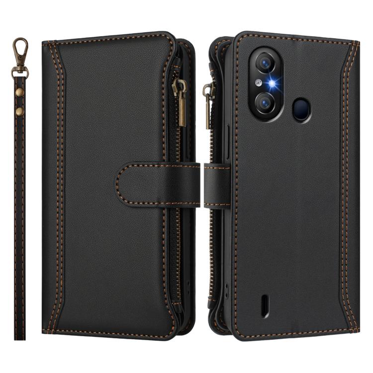 For itel A58 Lite / A49 Play Magnetic Closure 9 Card Slots Zipper Leather Case with Hand Strap