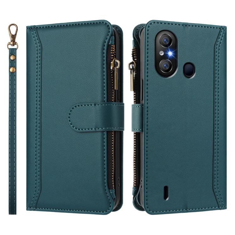 For itel A58 Lite / A49 Play Magnetic Closure 9 Card Slots Zipper Leather Case with Hand Strap