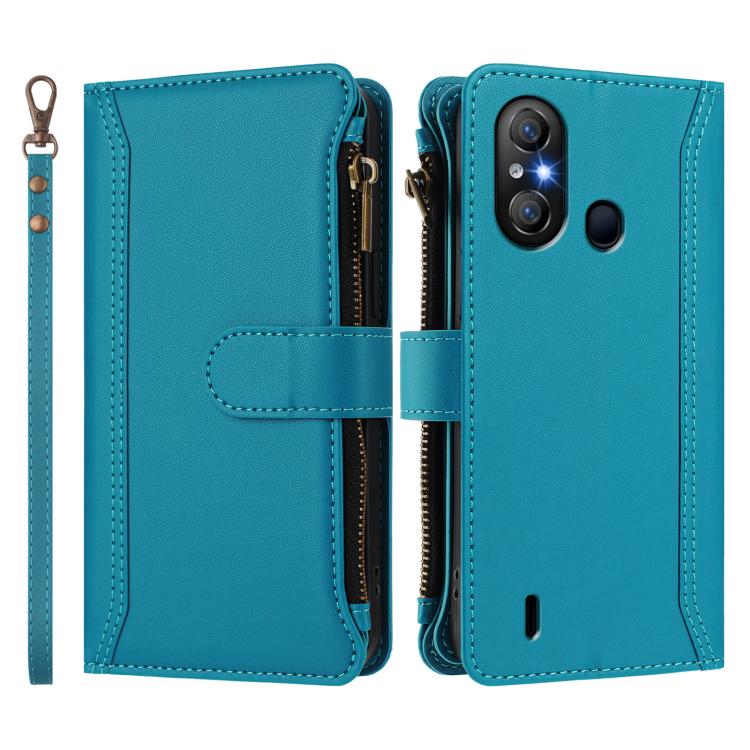 For itel A58 Lite / A49 Play Magnetic Closure 9 Card Slots Zipper Leather Case with Hand Strap