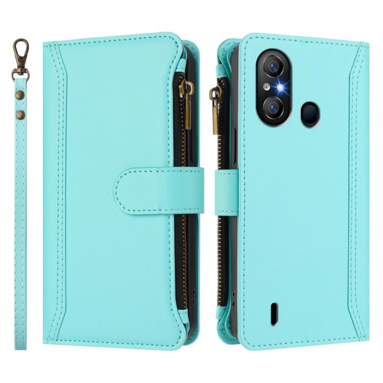 For itel A58 Lite / A49 Play Magnetic Closure 9 Card Slots Zipper Leather Case with Hand Strap