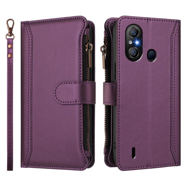 For itel A58 Lite / A49 Play Magnetic Closure 9 Card Slots Zipper Leather Case with Hand Strap