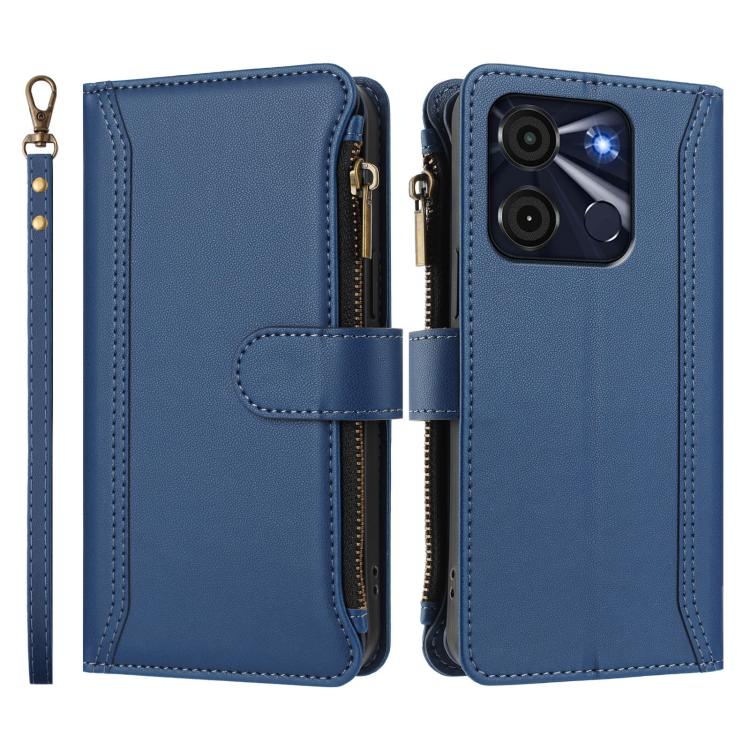 For itel A60 / A60s Magnetic Closure 9 Card Slots Zipper Leather Case with Hand Strap