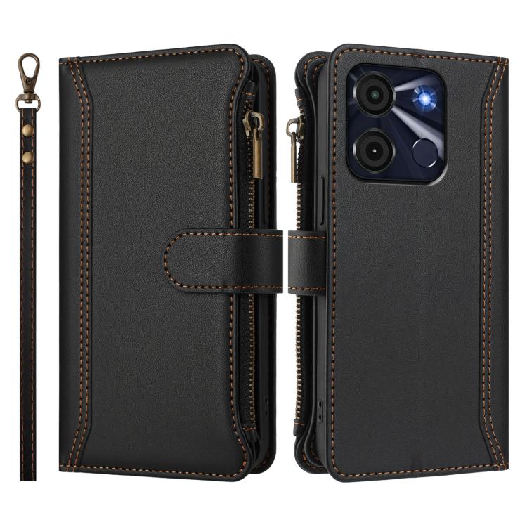 For itel A60 / A60s Magnetic Closure 9 Card Slots Zipper Leather Case with Hand Strap