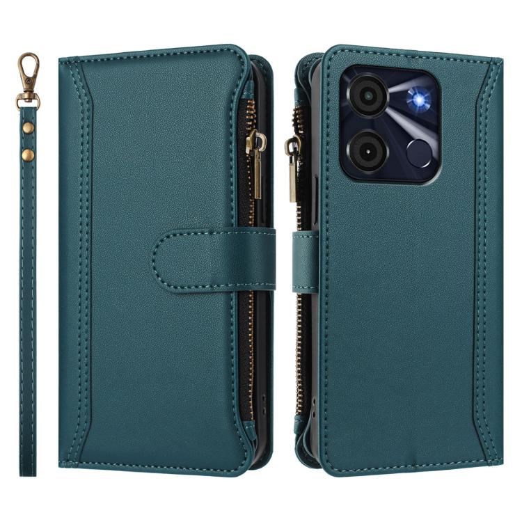 For itel A60 / A60s Magnetic Closure 9 Card Slots Zipper Leather Case with Hand Strap