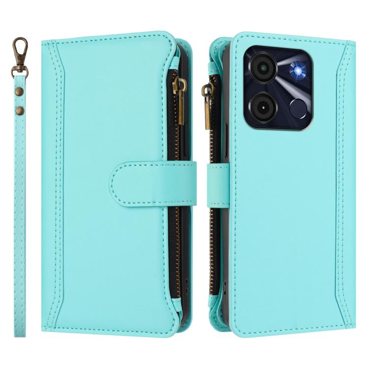 For itel A60 / A60s Magnetic Closure 9 Card Slots Zipper Leather Case with Hand Strap