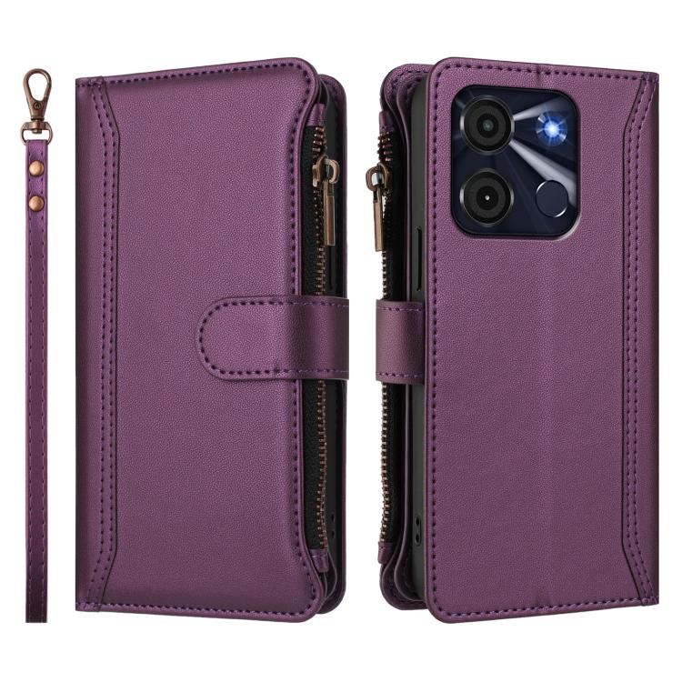 For itel A60 / A60s Magnetic Closure 9 Card Slots Zipper Leather Case with Hand Strap