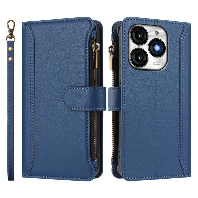 For itel A70 Magnetic Closure 9 Card Slots Zipper Leather Case with Hand Strap