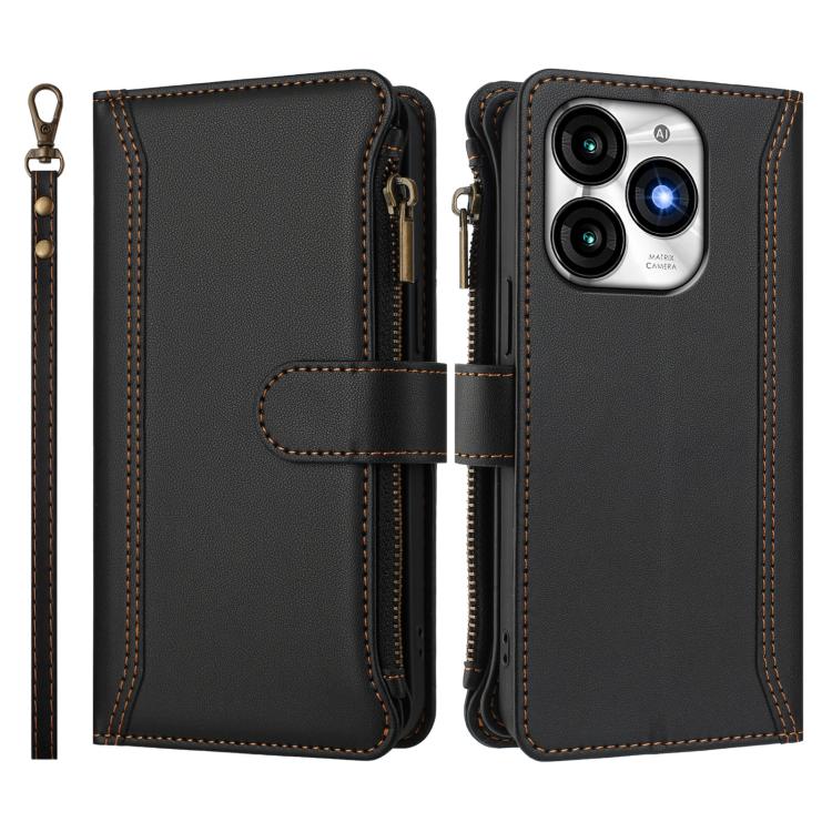 For itel A70 Magnetic Closure 9 Card Slots Zipper Leather Case with Hand Strap
