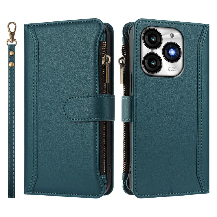 For itel A70 Magnetic Closure 9 Card Slots Zipper Leather Case with Hand Strap