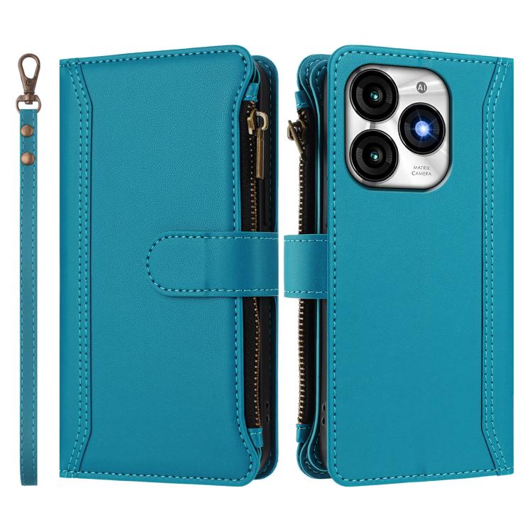 For itel A70 Magnetic Closure 9 Card Slots Zipper Leather Case with Hand Strap