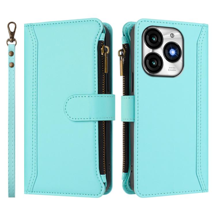 For itel A70 Magnetic Closure 9 Card Slots Zipper Leather Case with Hand Strap