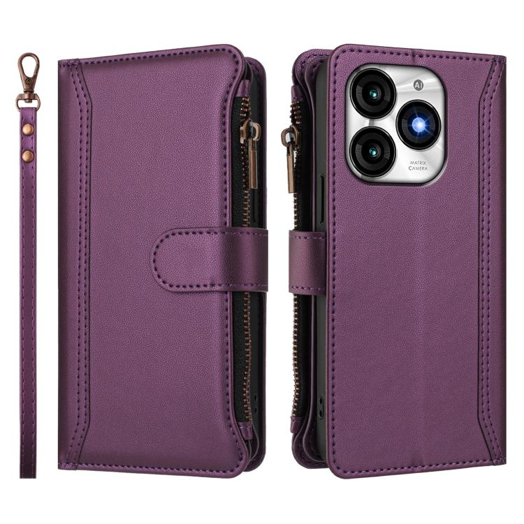 For itel A70 Magnetic Closure 9 Card Slots Zipper Leather Case with Hand Strap