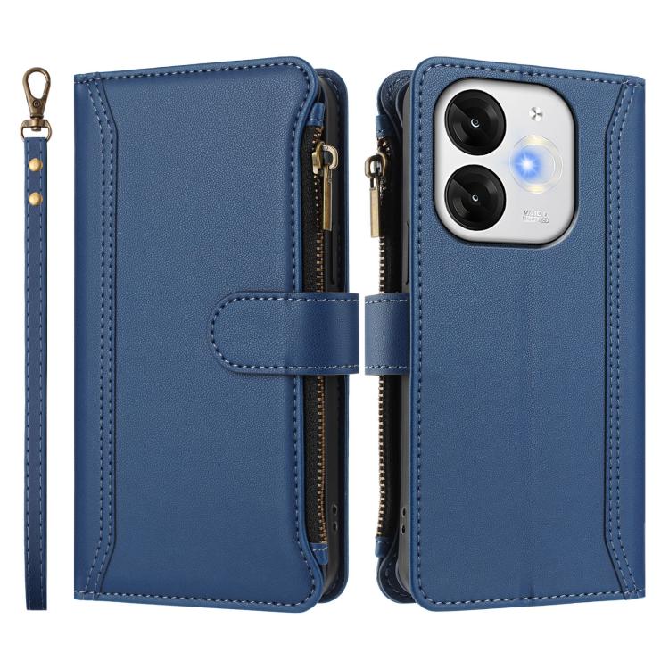 For itel A80 4G Magnetic Closure 9 Card Slots Zipper Leather Case with Hand Strap