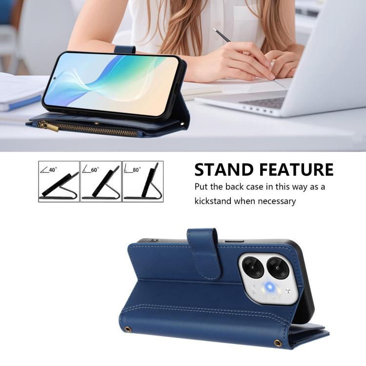 For itel A80 4G Magnetic Closure 9 Card Slots Zipper Leather Case with Hand Strap