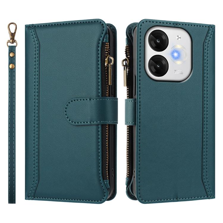For itel A80 4G Magnetic Closure 9 Card Slots Zipper Leather Case with Hand Strap
