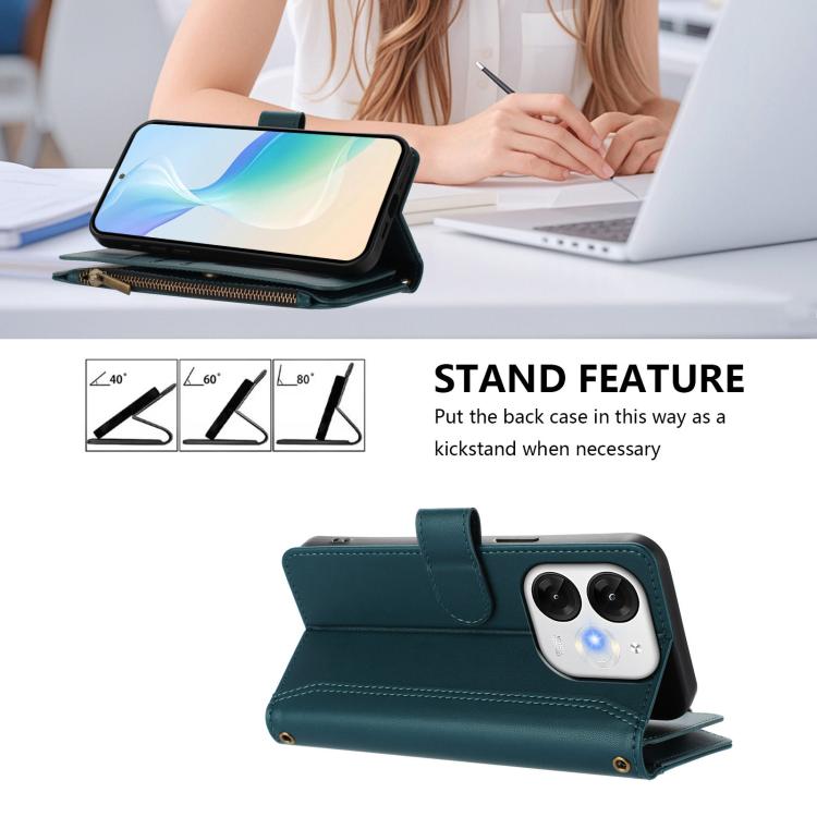 For itel A80 4G Magnetic Closure 9 Card Slots Zipper Leather Case with Hand Strap