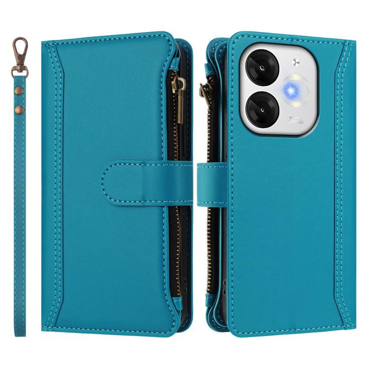 For itel A80 4G Magnetic Closure 9 Card Slots Zipper Leather Case with Hand Strap