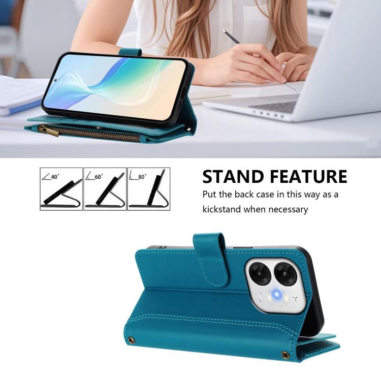 For itel A80 4G Magnetic Closure 9 Card Slots Zipper Leather Case with Hand Strap
