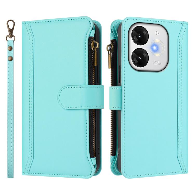 For itel A80 4G Magnetic Closure 9 Card Slots Zipper Leather Case with Hand Strap