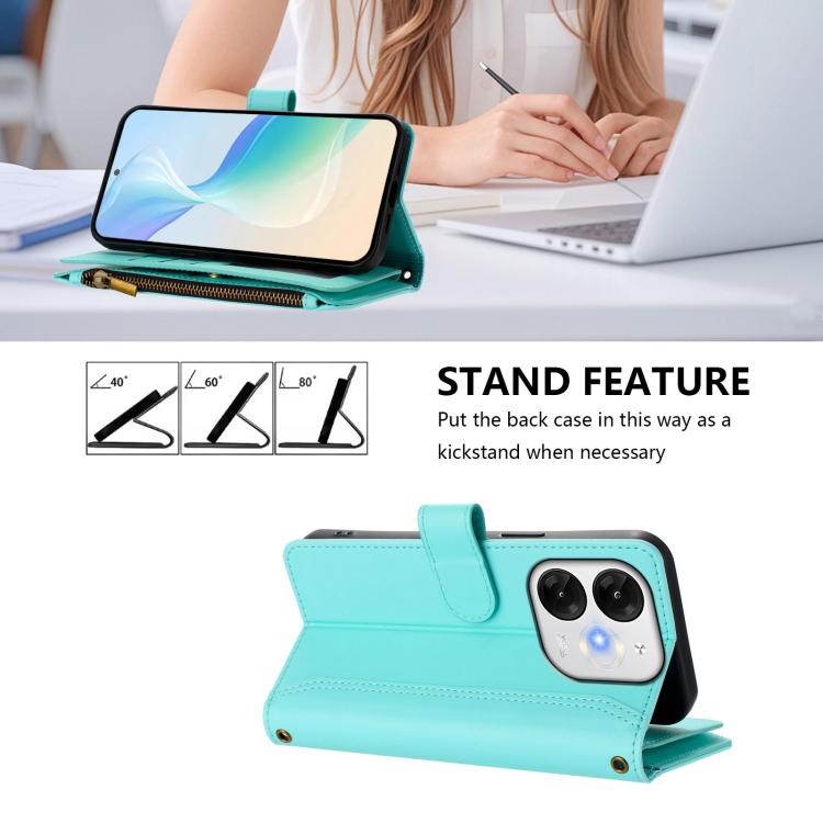 For itel A80 4G Magnetic Closure 9 Card Slots Zipper Leather Case with Hand Strap