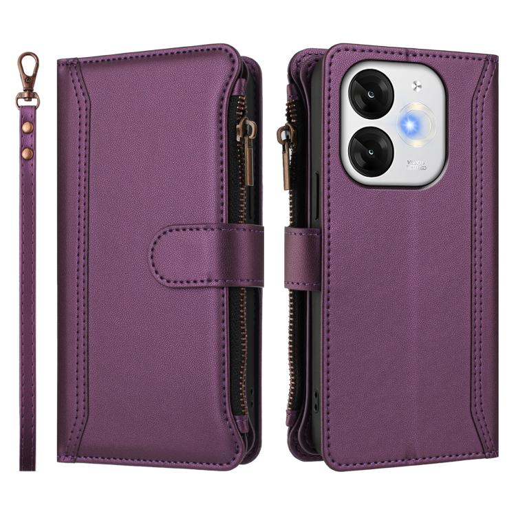 For itel A80 4G Magnetic Closure 9 Card Slots Zipper Leather Case with Hand Strap