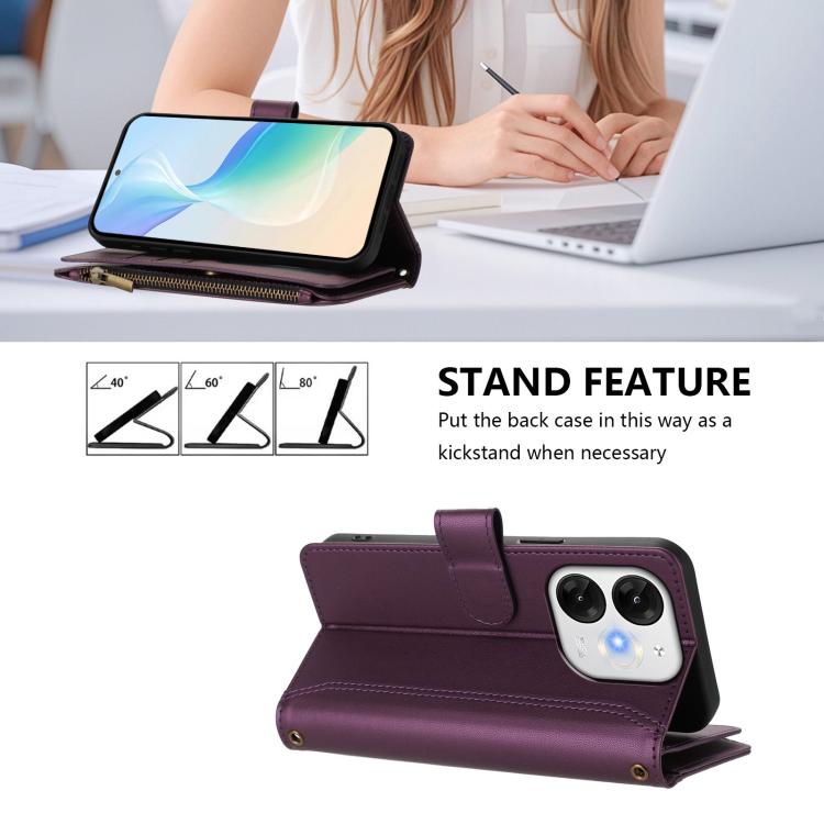 For itel A80 4G Magnetic Closure 9 Card Slots Zipper Leather Case with Hand Strap