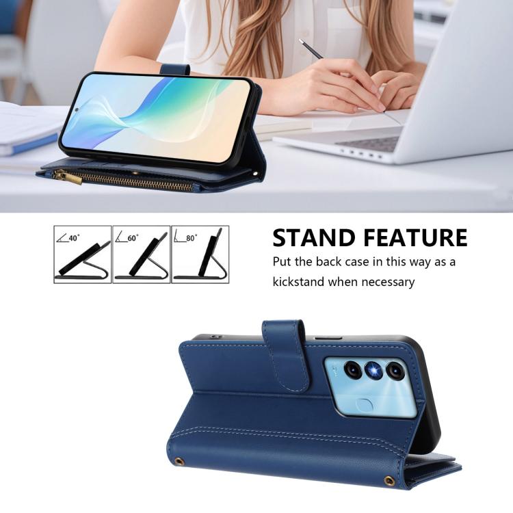 For itel P38 / S17 / Vision 3 Magnetic Closure 9 Card Slots Zipper Leather Case with Hand Strap