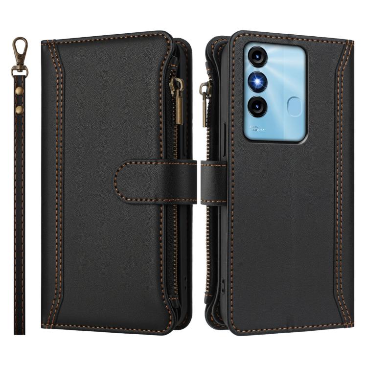 For itel P38 / S17 / Vision 3 Magnetic Closure 9 Card Slots Zipper Leather Case with Hand Strap