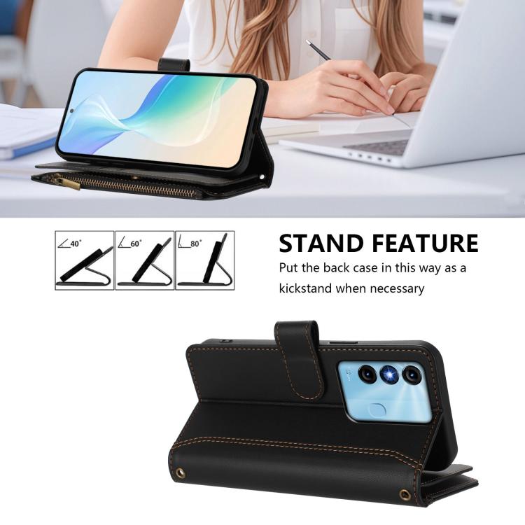 For itel P38 / S17 / Vision 3 Magnetic Closure 9 Card Slots Zipper Leather Case with Hand Strap