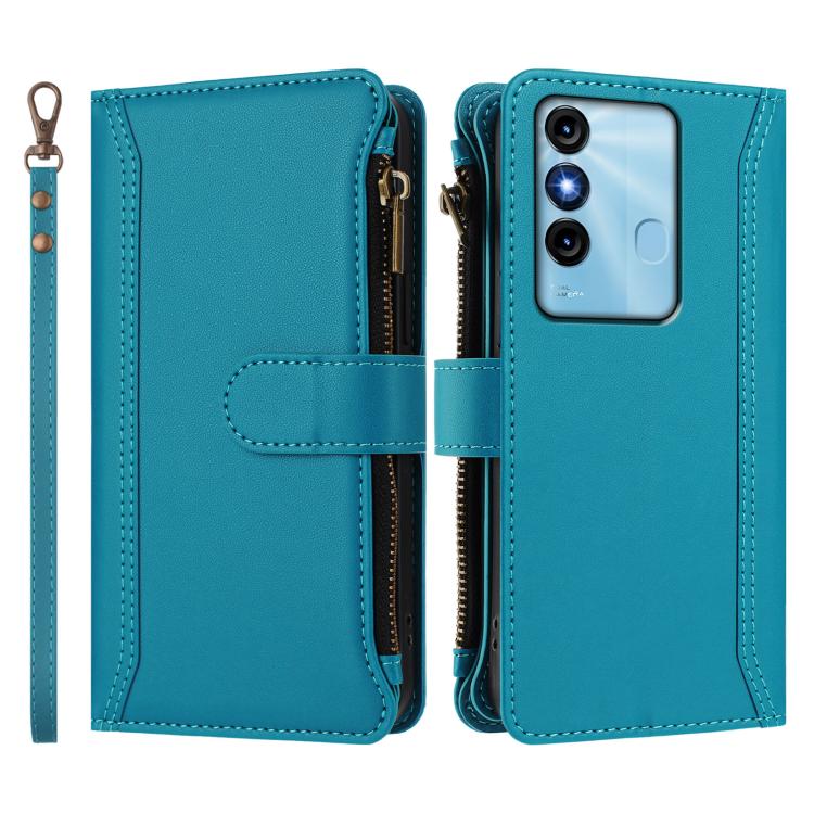 For itel P38 / S17 / Vision 3 Magnetic Closure 9 Card Slots Zipper Leather Case with Hand Strap