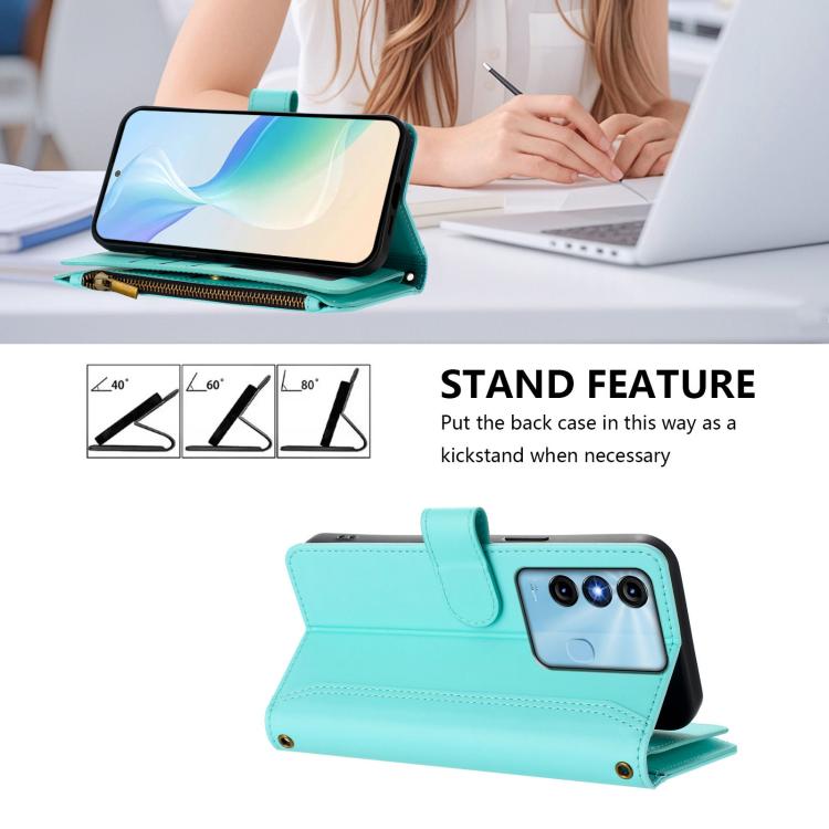 For itel P38 / S17 / Vision 3 Magnetic Closure 9 Card Slots Zipper Leather Case with Hand Strap
