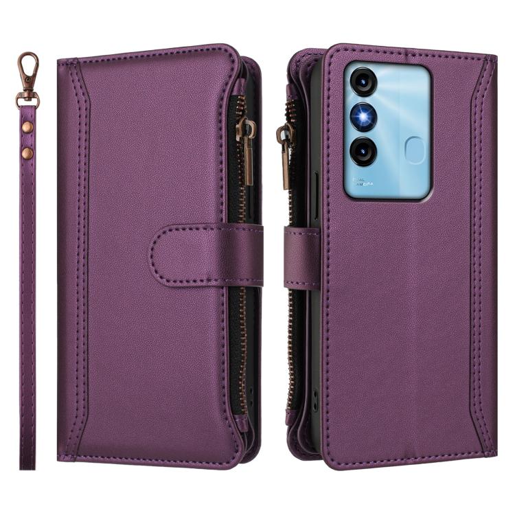 For itel P38 / S17 / Vision 3 Magnetic Closure 9 Card Slots Zipper Leather Case with Hand Strap