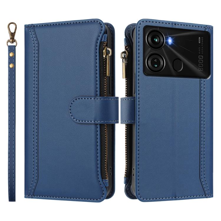 For itel P40 Magnetic Closure 9 Card Slots Zipper Leather Case with Hand Strap