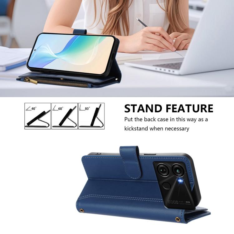 For itel P40 Magnetic Closure 9 Card Slots Zipper Leather Case with Hand Strap