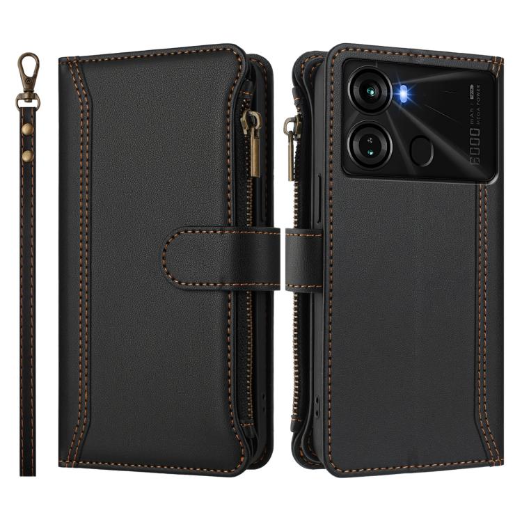 For itel P40 Magnetic Closure 9 Card Slots Zipper Leather Case with Hand Strap