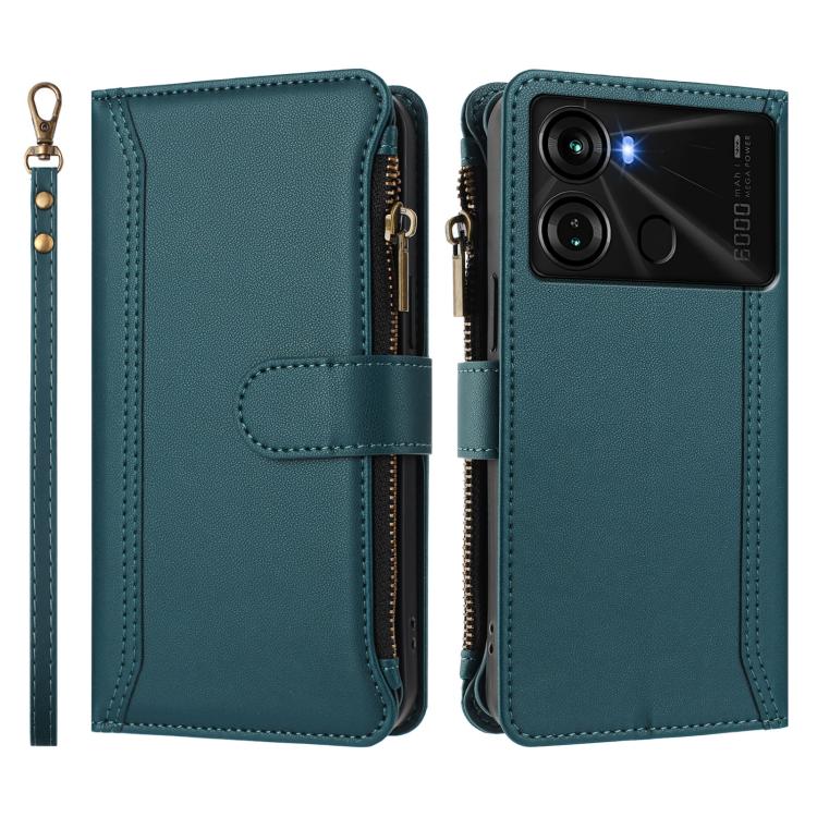 For itel P40 Magnetic Closure 9 Card Slots Zipper Leather Case with Hand Strap