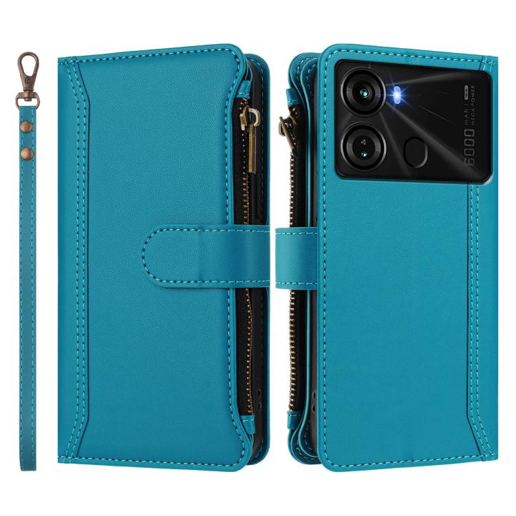 For itel P40 Magnetic Closure 9 Card Slots Zipper Leather Case with Hand Strap