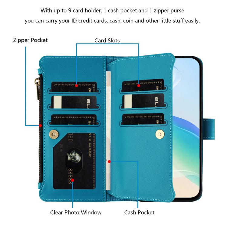 For itel P40 Magnetic Closure 9 Card Slots Zipper Leather Case with Hand Strap