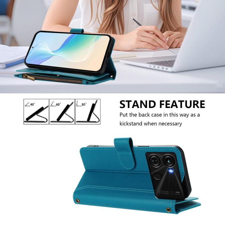For itel P40 Magnetic Closure 9 Card Slots Zipper Leather Case with Hand Strap