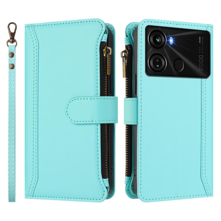 For itel P40 Magnetic Closure 9 Card Slots Zipper Leather Case with Hand Strap
