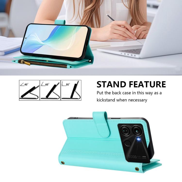 For itel P40 Magnetic Closure 9 Card Slots Zipper Leather Case with Hand Strap