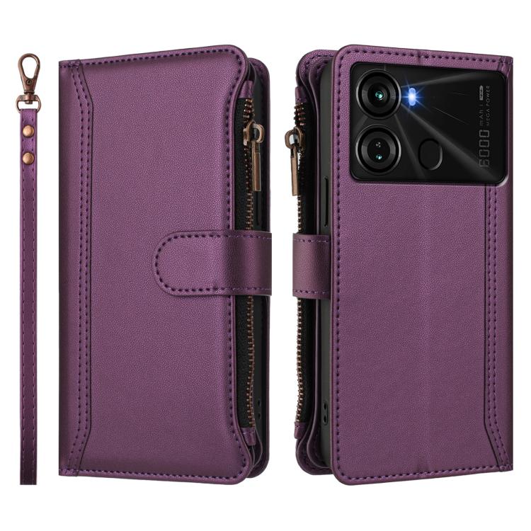 For itel P40 Magnetic Closure 9 Card Slots Zipper Leather Case with Hand Strap