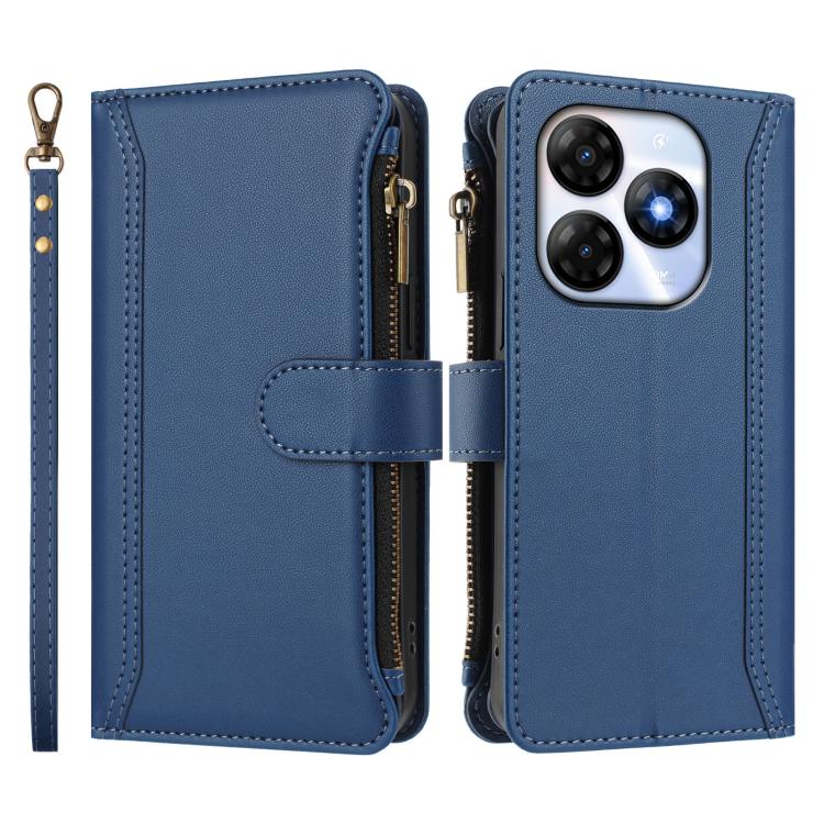 For itel P55 4G / Smart 8 Magnetic Closure 9 Card Slots Zipper Leather Case with Hand Strap