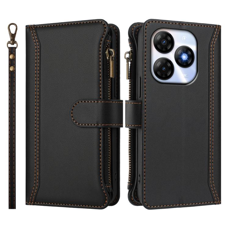For itel P55 4G / Smart 8 Magnetic Closure 9 Card Slots Zipper Leather Case with Hand Strap