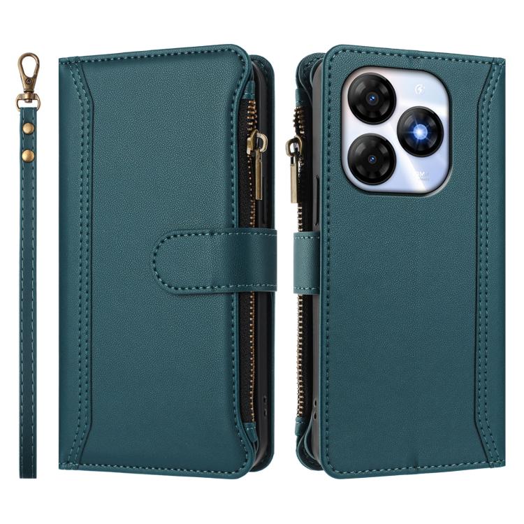 For itel P55 4G / Smart 8 Magnetic Closure 9 Card Slots Zipper Leather Case with Hand Strap