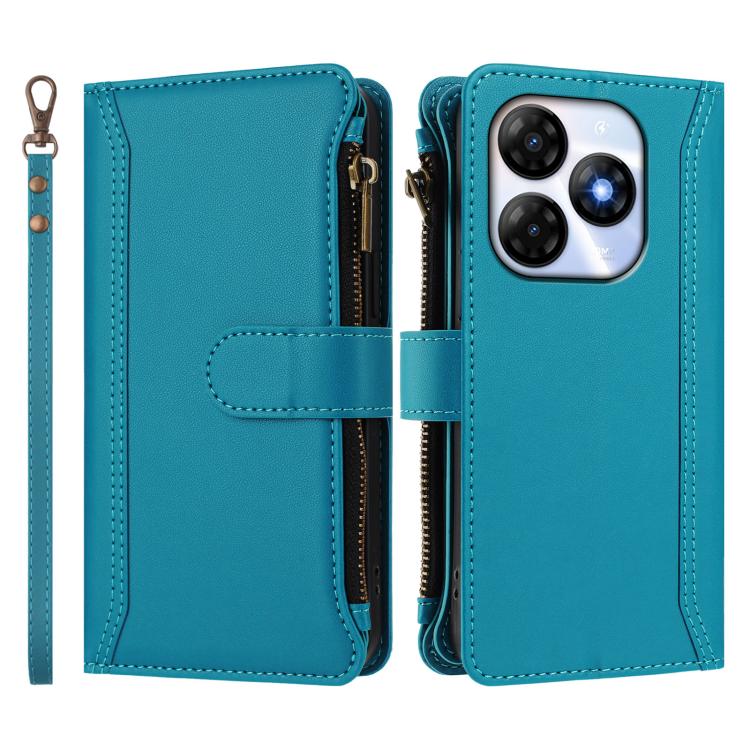 For itel P55 4G / Smart 8 Magnetic Closure 9 Card Slots Zipper Leather Case with Hand Strap