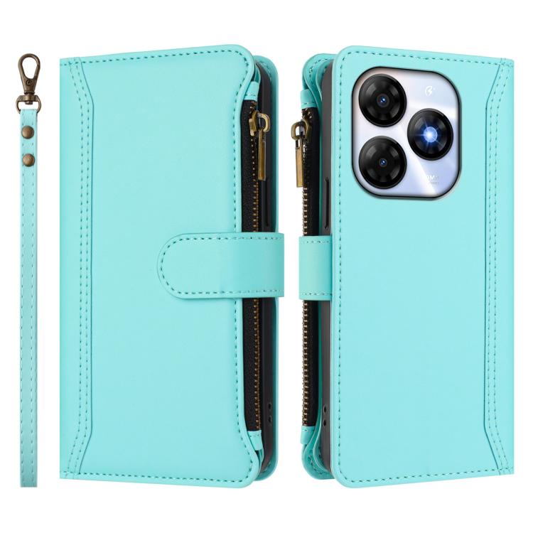 For itel P55 4G / Smart 8 Magnetic Closure 9 Card Slots Zipper Leather Case with Hand Strap