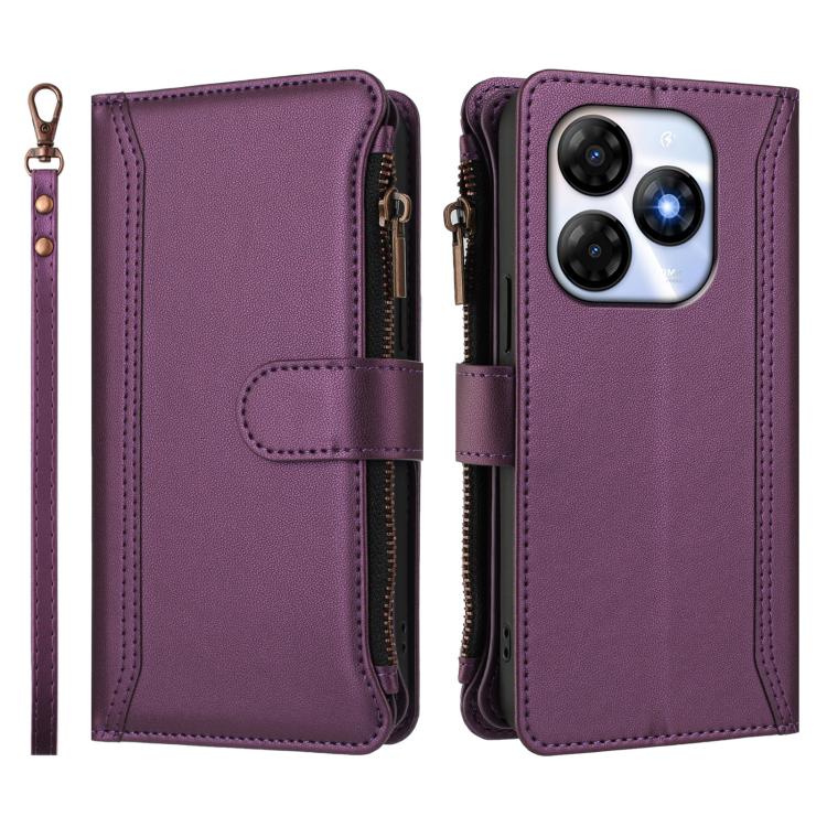 For itel P55 4G / Smart 8 Magnetic Closure 9 Card Slots Zipper Leather Case with Hand Strap